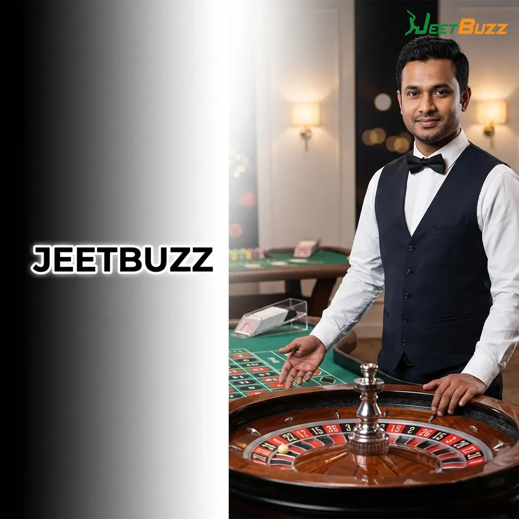 Professional dealer in HD studio hosting live casino games including blackjack, roulette, baccarat, and poker tables — Jeetbuzz in Bangladesh