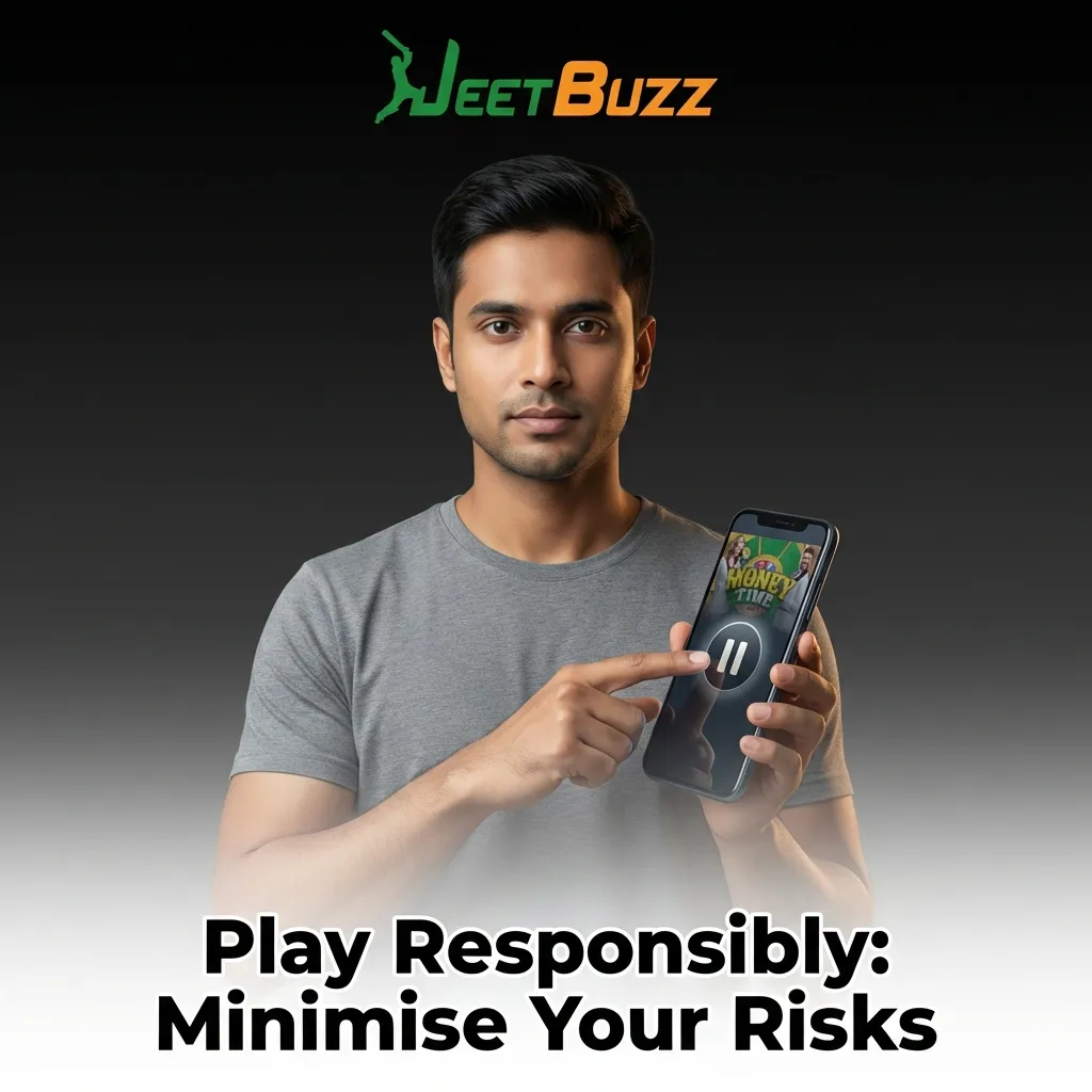 Person reviewing gambling safety tips on smartphone with budget tracker and self-exclusion tools visible — Jeetbuzz in Bangladesh