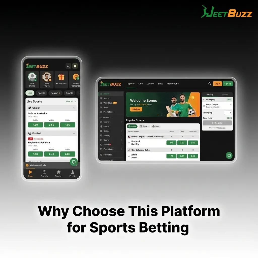 Sports betting platform showing live streaming, instant deposits via bKash/Nagad/Rocket, and fast payouts — Jeetbuzz in Bangladesh