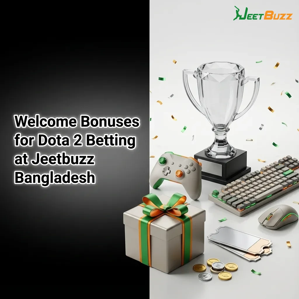 Jeetbuzz Bangladesh welcome bonus interface showing free spins and deposit bonus options for Dota 2 esports betting